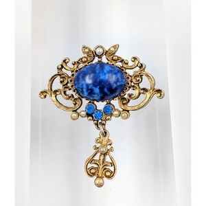 Vintage Blue Cabochon Brooch Gold Tone Dangle Ornate Victorian Revival